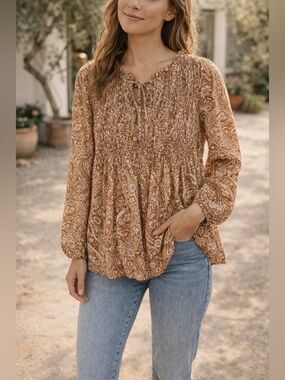 231 Melloday Boho Smocked Peasant Blouse Small Brown Cream Paisley Babydoll Top